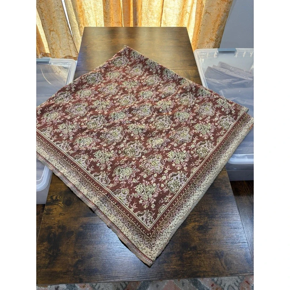 Vintage 90s Floral Tapestry Woven Throw Blanket Boho Chic Red Green Damask 70x70